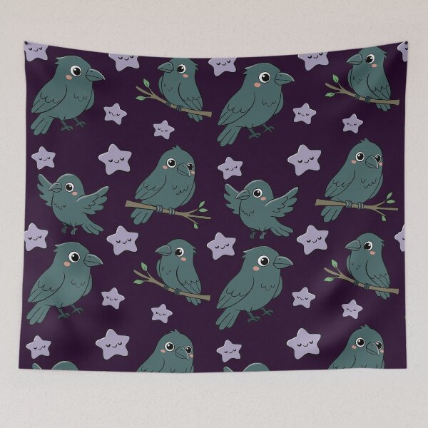 Item preview, Cute Kawaii Crows and Smiling Purple Stars designed and sold by MJ ART.
