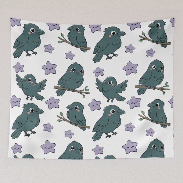 Item preview, Cute Kawaii Crows and Smiling Purple Stars - on white designed and sold by MJ ART.
