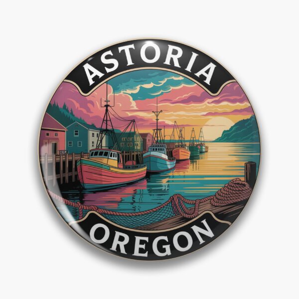 Item preview, Astoria Oregon: Fishing Boats Harbor Sunset Badge designed and sold by CircinusStore.