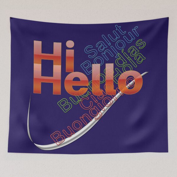 Item preview, "Hi, Hello" in English, then in French, Spanish and Italian. designed and sold by Alan-David.