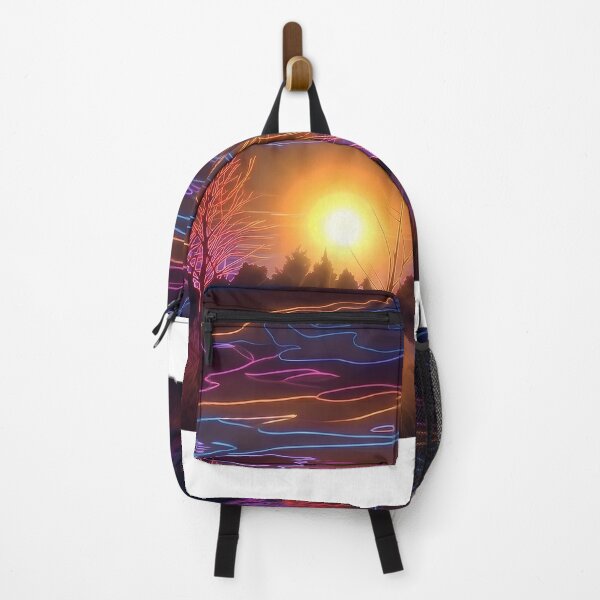 Item preview, Neon Sunset Landscape – Glowing Trees & Reflections Art Print designed and sold by Scoutic-Neon.