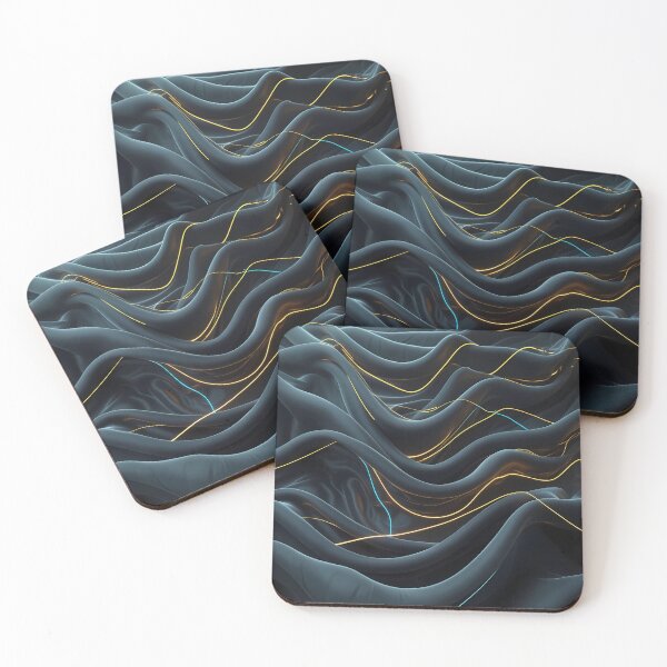 Item preview, Flowing charcoal fabric intertwined with glowing gold and cyan neon light trails. designed and sold by Dreamy Armine Art.