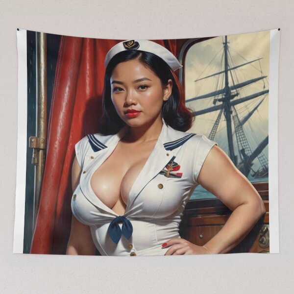 Item preview, Vintage Asian Pacific Islander Sailor Pin-Up Girl – 1940s Retro Nautical Art designed and sold by MissSaylor.