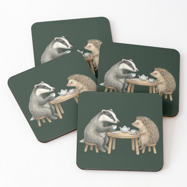 Item preview, Cosy Badger and Hedgehog Tea Party Animal Art designed and sold by Englandbear.