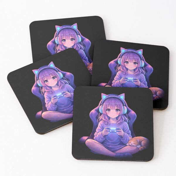Item preview, Aesthetic Anime Gamer Girl - Purple Neon Setup & Cozy Cat Vibes designed and sold by Art-Selling.