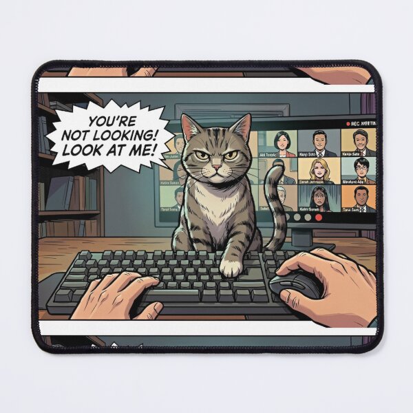 Item preview, Angry Cat Interrupts Zoom Meeting – Funny Work From Home Cat Comic Art Print designed and sold by SammyMorry.