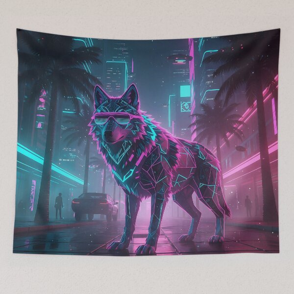 Item preview, Neon cyberpunk wolf- colorful retro electric animal art designed and sold by AlanyaArtX.