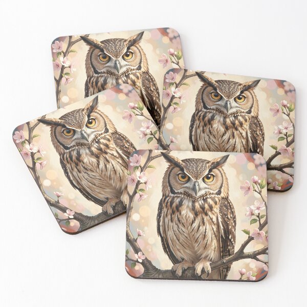 Item preview, Wise, ancient owl perched on a branch of a flowering tree. designed and sold by Ponted.