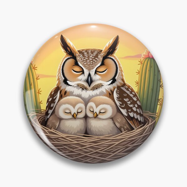 Item preview, Adorable great horned owls half sleep mother and chicks in their Arizona saguaro cactus nest designed and sold by Ponted.