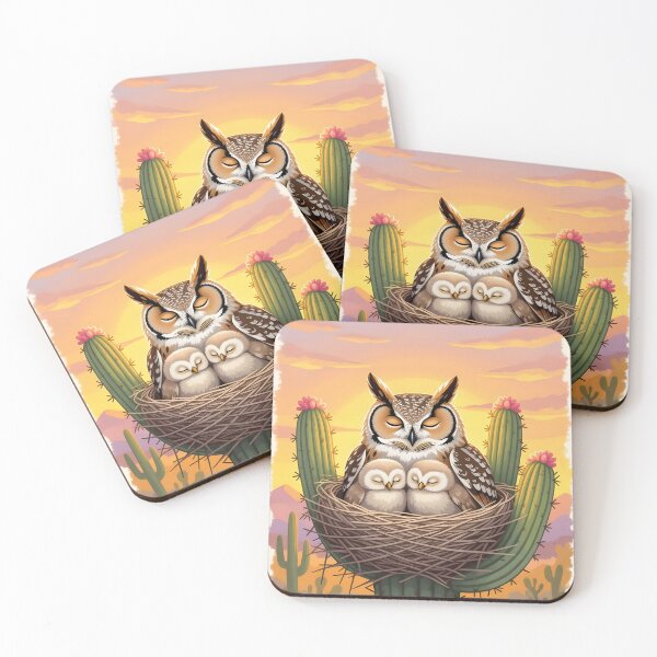 Item preview, Adorable great horned owls half sleep mother and chicks in their Arizona saguaro cactus nest designed and sold by Ponted.
