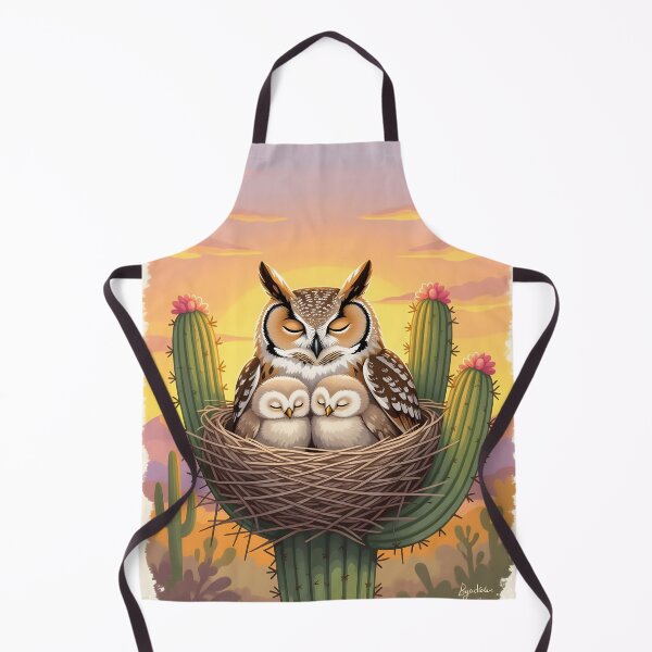 Item preview, Adorable great horned owls half sleep mother and chicks in their Arizona saguaro cactus nest designed and sold by Ponted.