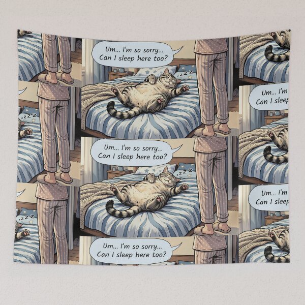 Item preview, Funny Cat Sleeping in Bed - Sorry Can I Sleep Here Too Cute Lazy Cat Comic designed and sold by SammyMorry.