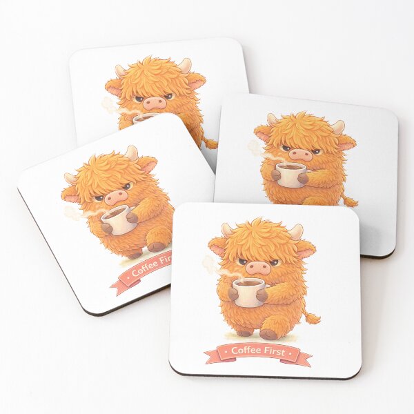 Aperçu de l'œuvre Coffee First – Highland Cow créée et vendue par Creative and Humorous Arts.