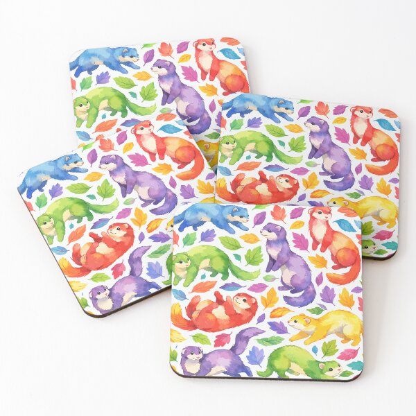 Item preview, Colorful watercolor ferret pattern with rainbow autumn leaves designed and sold by Zatch-Bell.