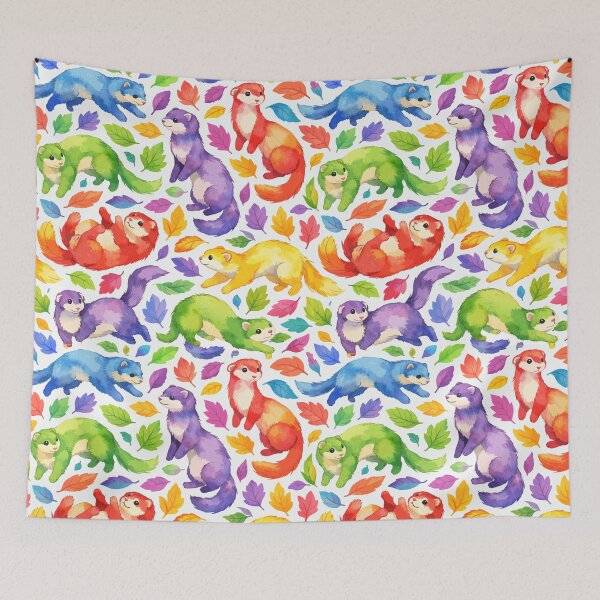 Item preview, Colorful watercolor ferret pattern with rainbow autumn leaves designed and sold by Zatch-Bell.