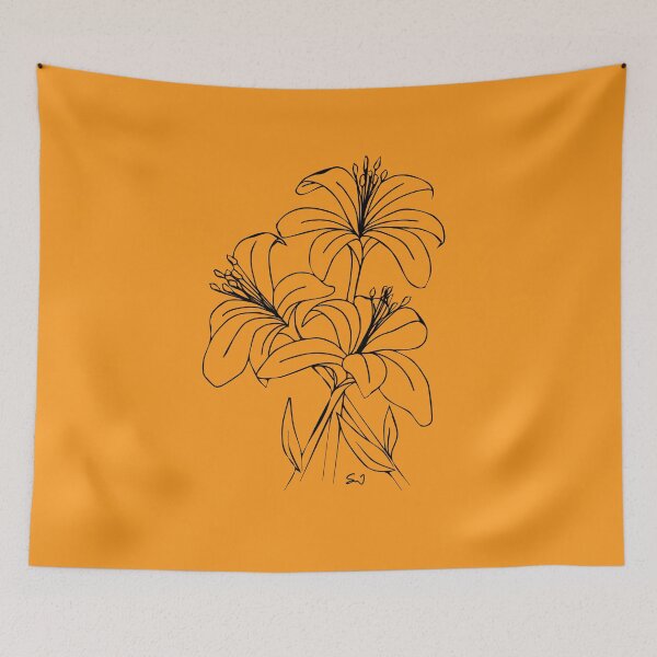 Item preview, Bouquet of 3 Lily Flowers, Line Drawing Symmetric Minimalist Aesthetic Natural Design Yellow Mustard designed and sold by SWSandraWechner.