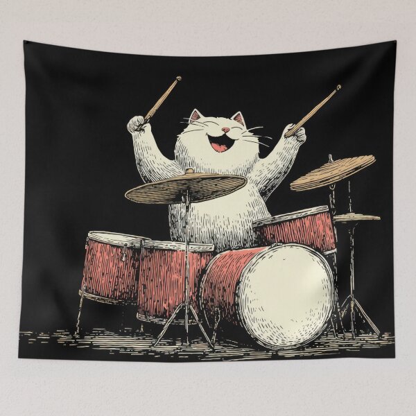 Item preview, Cat plays drums in a music scene designed and sold by anytka.