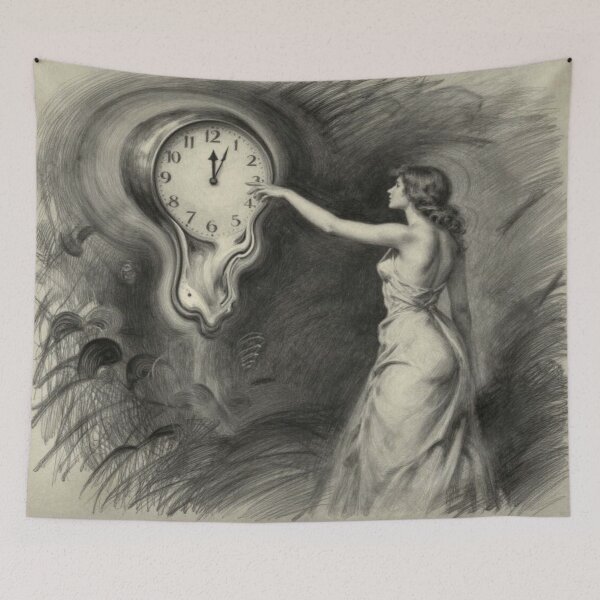 Item preview, Surreal black and white inspiredRenoir artwork with melting clock and elegant figure designed and sold by FotoworldEdel.
