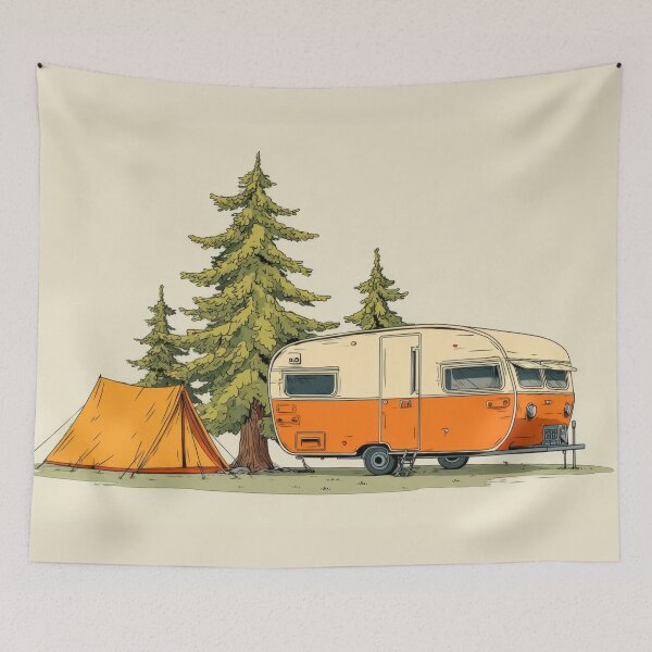 Item preview, Vintage trailer with tent in forest designed and sold by anytka.