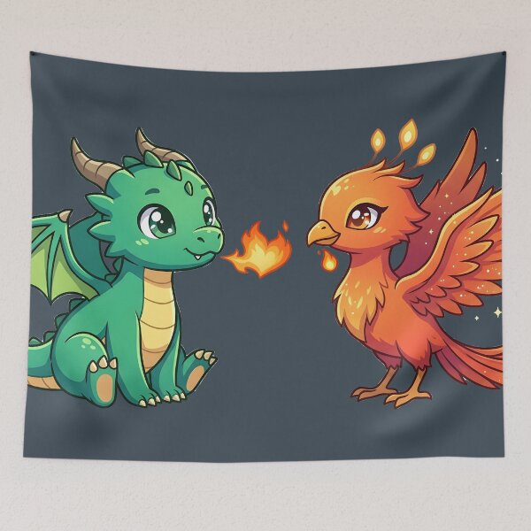 Item preview, Cute Baby Dragon and Phoenix Fire Friends - Chibi Mythical Creature Couple designed and sold by WalterAdd.