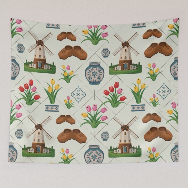 Item preview, Dutch Delft Blue Tulips & Windmills Seamless Pattern designed and sold by Midnight Veil Designs.