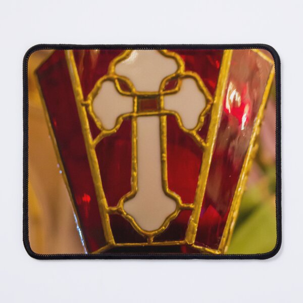 Item preview, Red Stained Glass Lamp With White Cross Motif in Ornate Church Interior Lighting designed and sold by Nmallia.