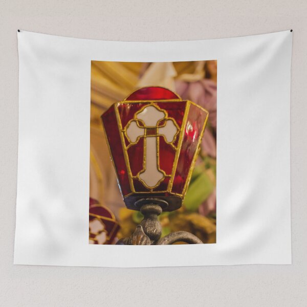 Item preview, Red Stained Glass Lamp With White Cross Motif in Ornate Church Interior Lighting designed and sold by Nmallia.