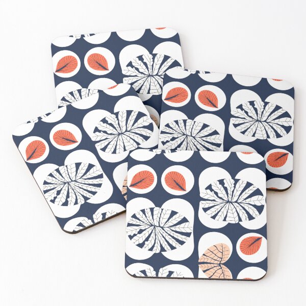 Item preview, A vibrant pattern of leaves in white circles on a dark blue background designed and sold by Creative88Art.