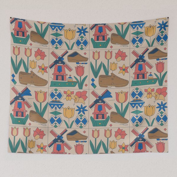 Item preview, Dutch Tile Windmills & Tulips Seamless Pattern designed and sold by Midnight Veil Designs.