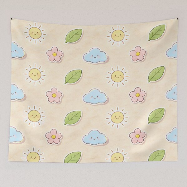 Item preview, A colorful pattern of cartoon flowers and clouds on a beige background designed and sold by Creative88Art.