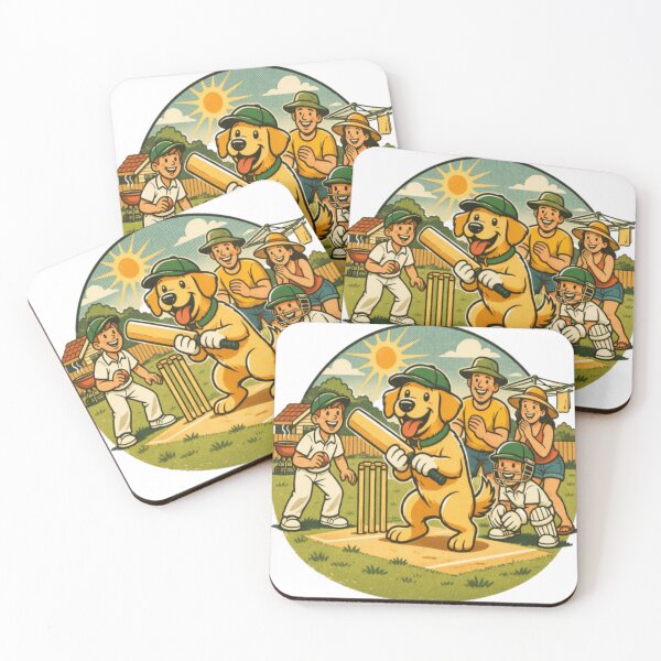 Item preview, Australian Backyard Cricket Golden Labrador Family Cartoon designed and sold by PawPrintCustom.