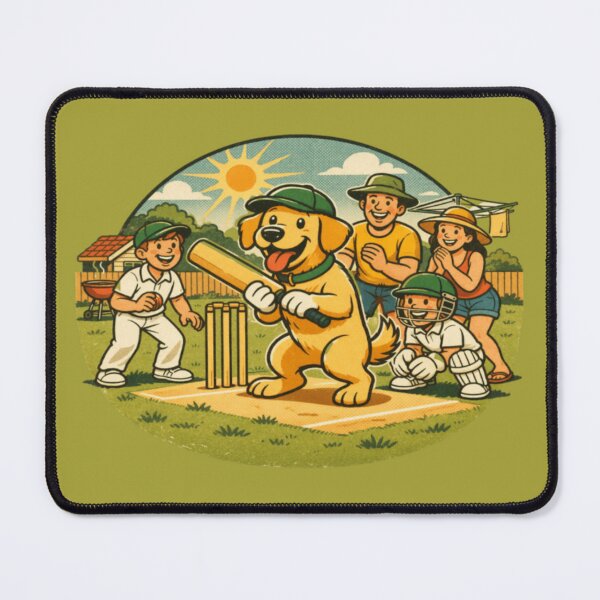 Item preview, Australian Backyard Cricket Golden Labrador Family Cartoon designed and sold by PawPrintCustom.