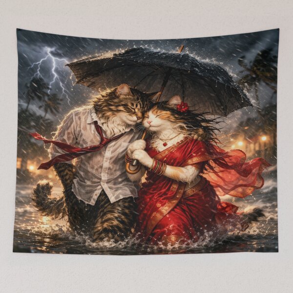 Item preview, Romantic Cats in Rain Under Umbrella | Cute Love Couple Animal Art designed and sold by ArtoryNest.