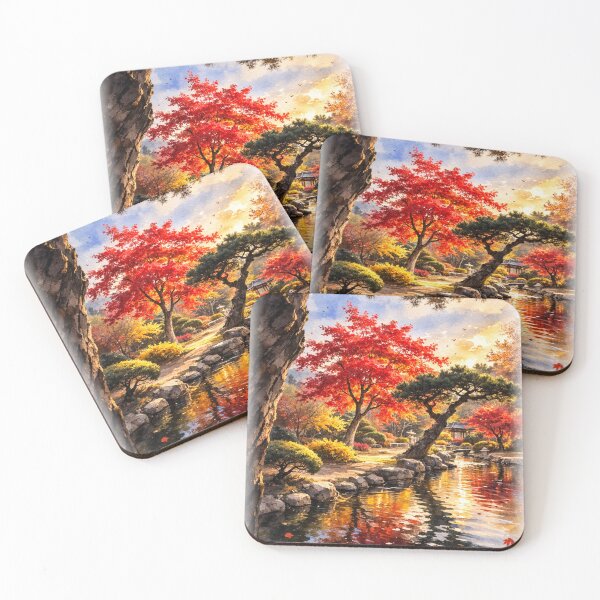 Item preview, Autumn Reflection Garden – Red Maple Trees and Golden Water designed and sold by TopHatCreations.