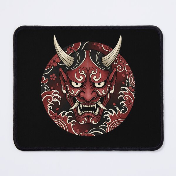 Item preview, Japanese Oni Mask Circle Design – Red Demon Samurai Tattoo Style with Sakura & Wave Art designed and sold by LavinyArt.