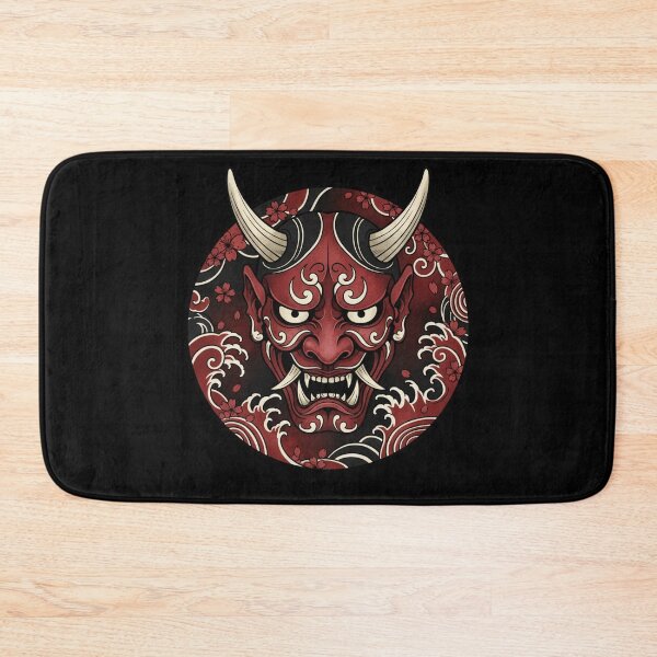 Item preview, Japanese Oni Mask Circle Design – Red Demon Samurai Tattoo Style with Sakura & Wave Art designed and sold by LavinyArt.