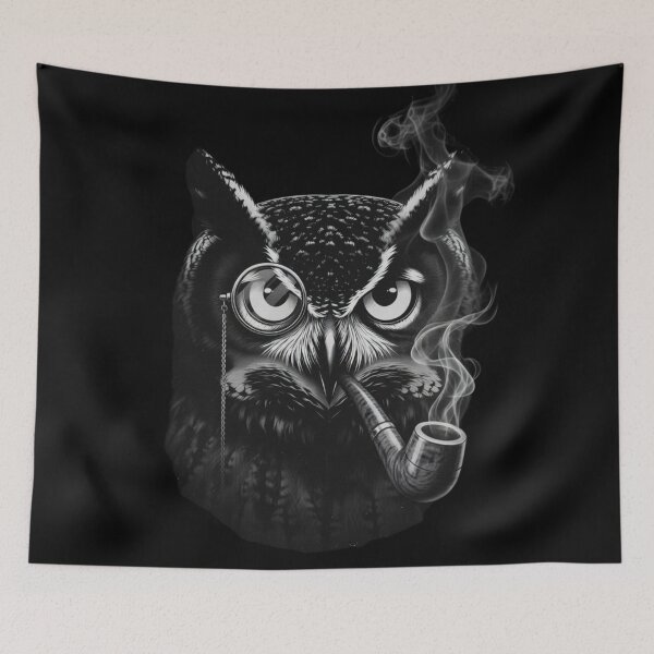 Item preview, Wise Owl With Monocle And Pipe Black And White Vintage Style Art designed and sold by Syrupulse.