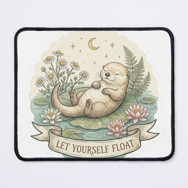Item preview, Let Yourself Float Sleeping Otter Lily Pad Cottagecore Mental Health Sticker designed and sold by AlexBloomStudio.