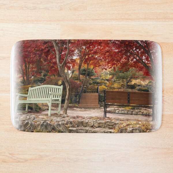 Item preview, Red Maple Autumn Garden – Peaceful Park Bench Landscape designed and sold by TopHatCreations.