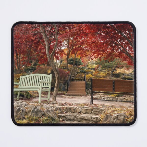 Item preview, Red Maple Autumn Garden – Peaceful Park Bench Landscape designed and sold by TopHatCreations.