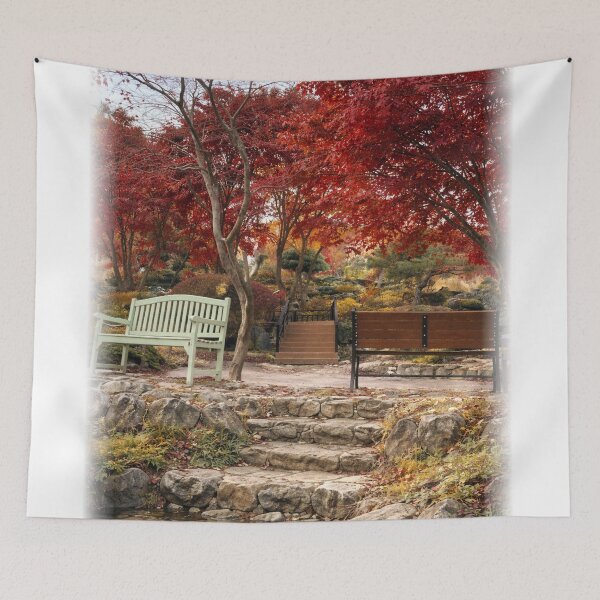 Item preview, Red Maple Autumn Garden – Peaceful Park Bench Landscape designed and sold by TopHatCreations.