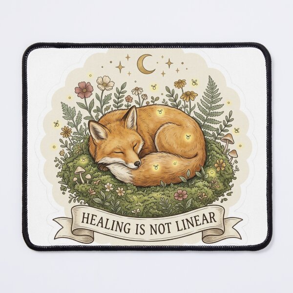 Item preview, Sleeping Fox Healing Is Not Linear Cottagecore Mental Health Sticker designed and sold by AlexBloomStudio.