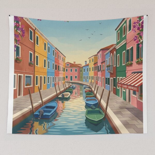 Item preview, Murano Venice Italy Vintage Travel Illustration – Colorful Canal & Sun-Drenched Architecture designed and sold by varunmav.