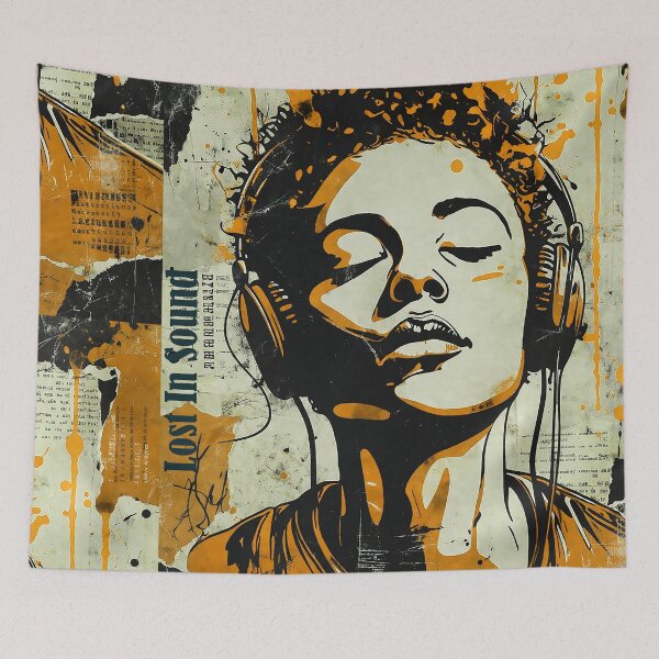 Item preview, Lost In Sound Music Poster Orange Grunge Collage Art Print, Headphones Girl Street Art, Indie Aesthetic Wall Decor, Urban Pop Art designed and sold by art2print.