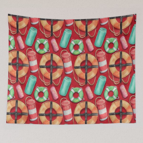 Item preview, Red Life Ring and Buoys on Wood Pattern designed and sold by Piotrek0001.