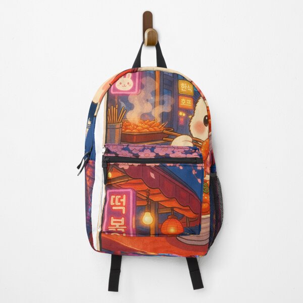 Item preview, Cute Bunny eating tteokbokki on a neon lit street in Seoul.  designed and sold by HMP-ART.
