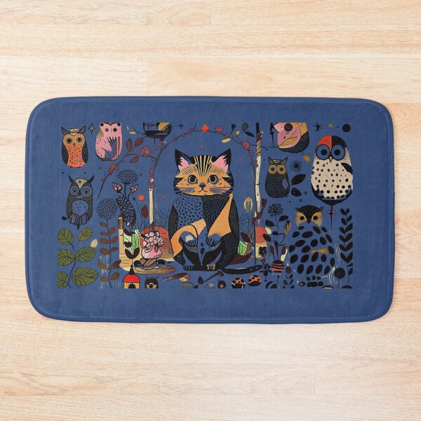 Item preview, Scandinavian Folk Art Cat With Owls and Forest Animals designed and sold by Happy4uuuu.