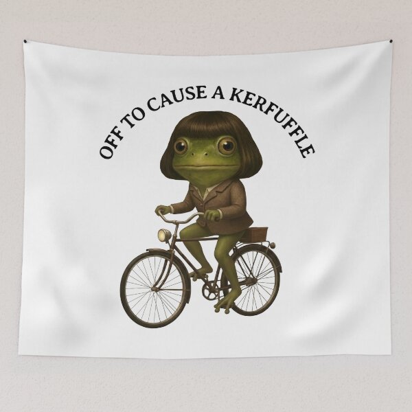 Item preview, Off to Cause a Kerfuffle Funny Frog Meme designed and sold by Eh Plus Designs.