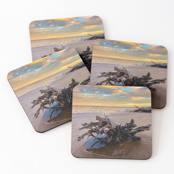 Item preview, Driftwood Beach Sunset Reflection – Uprooted Tree Roots Coastal Photography designed and sold by aadventures.