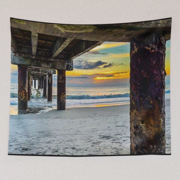 Item preview, Under the Pier Sunrise – Ocean Waves and Beach Columns Coastal Photography designed and sold by aadventures.